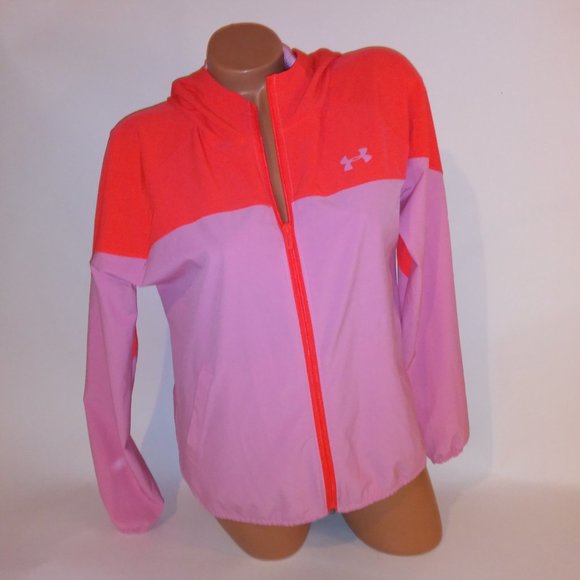 Under Armour Jacket Windbreaker Small Pink Orange Zip Up Loose Fit Hooded Pit to - Picture 13 of 13